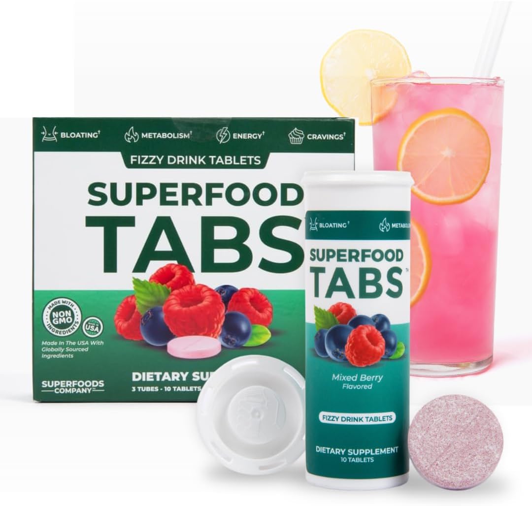 Superfood Tabs by Superfoods Company - Superfood Effervescent Drink Tablets for Women & Men - 15 Real Superfoods - Vegan, Non-GMO, Zero Sugar - Mixed Berry
