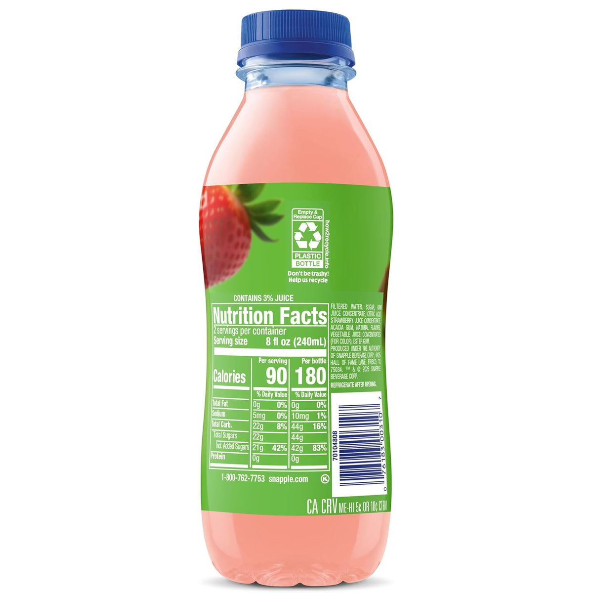 Snapple Kiwi Strawberry Juice Drink, 16 Fl Oz Recycled Plastic Bottle, Pack Of 12, All Natural, No Artificial Flavors Or Sweeteners, Contains 3% Real Juice