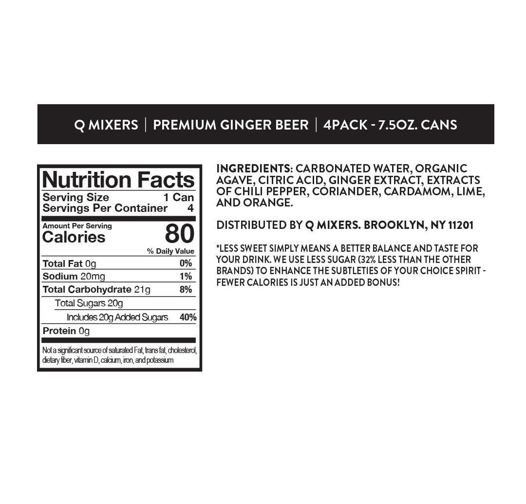 Q GINGER BEER with Real Ginger & Organic Agave - Ideal for Cocktails & Mocktails - Made with Real Ingredients, Perfectly Carbonated & Less Sweet - 80 Calories per Can - 7.5 Fl Oz Cans (Pack of 24)