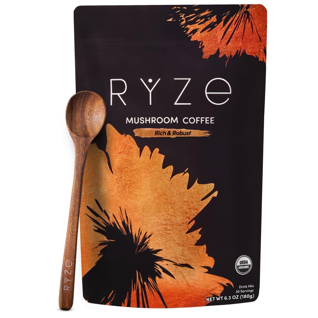 RYZE Organic Mushroom Coffee, Medium Roast, Adaptogenic Blend, 30 Servings