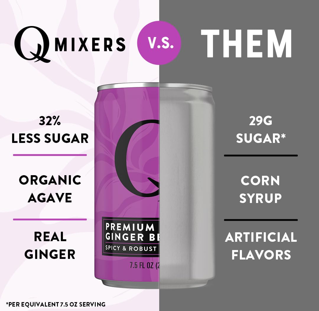 Q GINGER BEER with Real Ginger & Organic Agave - Ideal for Cocktails & Mocktails - Made with Real Ingredients, Perfectly Carbonated & Less Sweet - 80 Calories per Can - 7.5 Fl Oz Cans (Pack of 24)