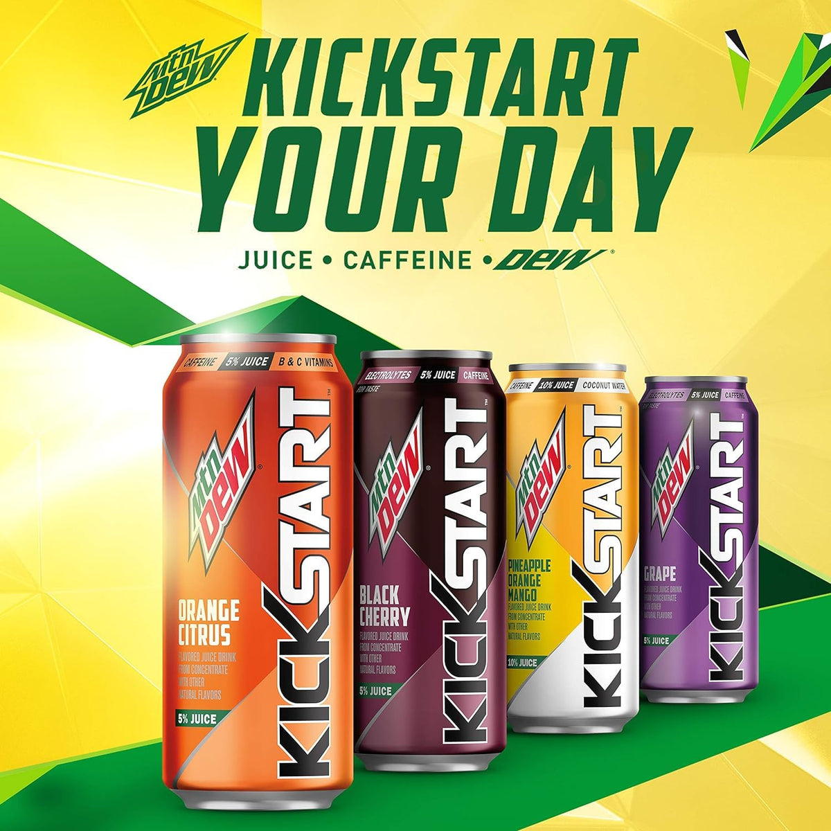 Mountain Dew Kickstart, Pineapple Orange Mango, 90mg Caffeine, Vitamins B & C, 80 Calories, 10% Juice, 16 fl oz (Pack of 12)