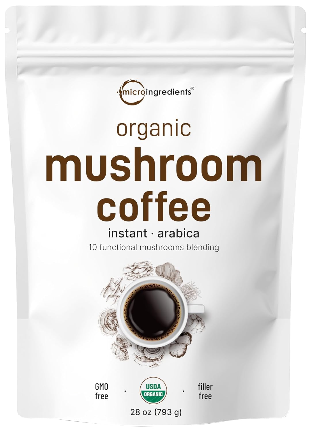 Micro Ingredients Organic Instant 10 in 1 Mushroom Coffee Powder, 28 Ounce (317 Servings) | Premium Arabica Coffee with Lion’s Mane, Chaga, Reishi & More