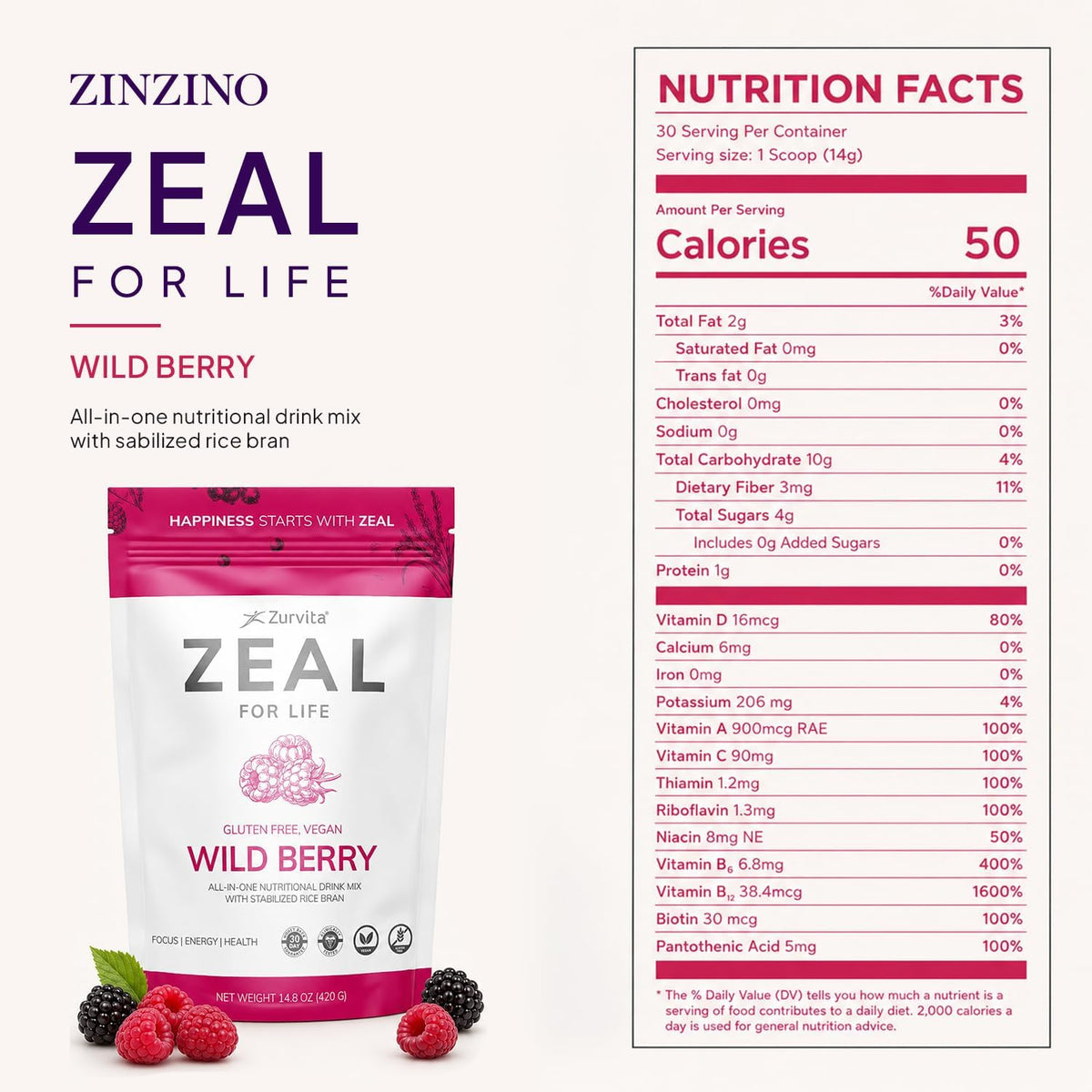 Zurvita - Zeal for Life Wild Berry Wellness Drink Mix - 420 g