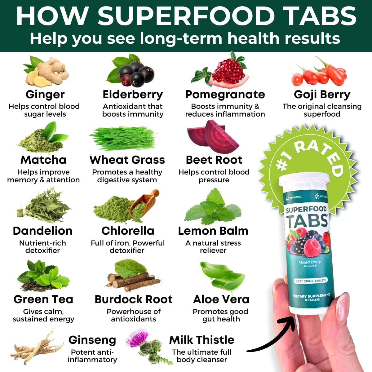 Superfood Tabs by Superfoods Company - Superfood Effervescent Drink Tablets for Women & Men - 15 Real Superfoods - Vegan, Non-GMO, Zero Sugar - Mixed Berry
