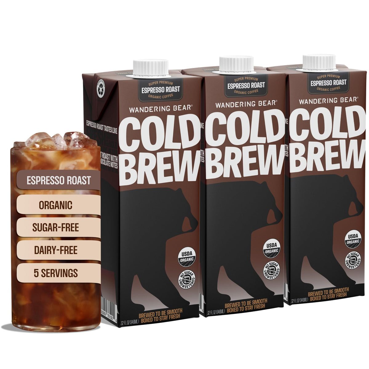 Wandering Bear Straight Black Organic Cold Brew Coffee - 32 fl oz, 6 Pack