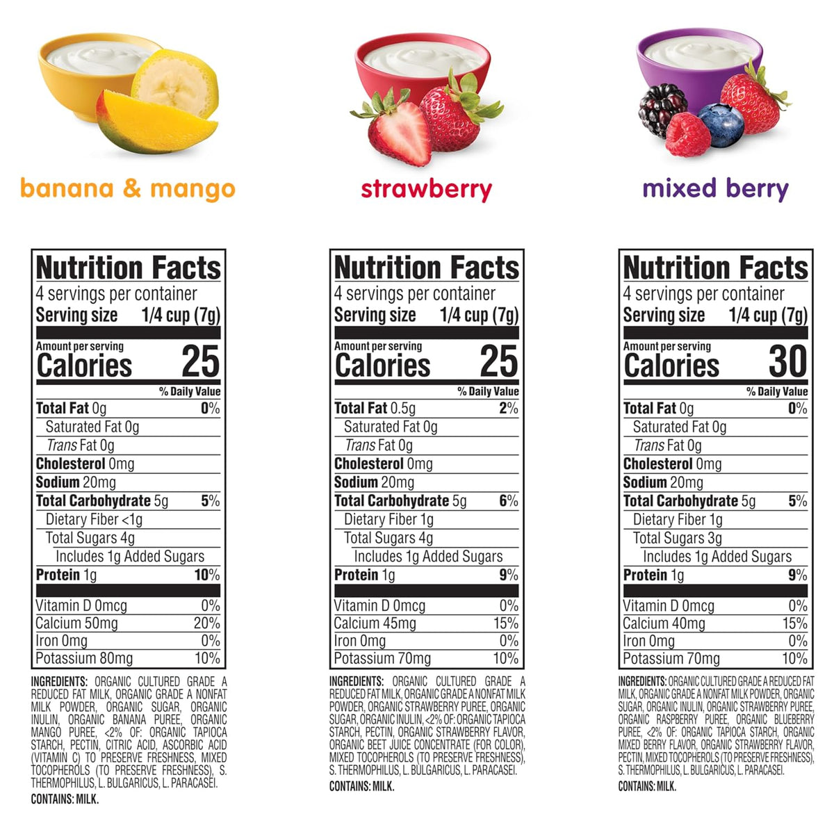 Organic Baby Food Happy Yogis Yogurt Snacks-Banana Mango, Mixed Berry, and Strawberry- 1 oz Packs, 3-Count