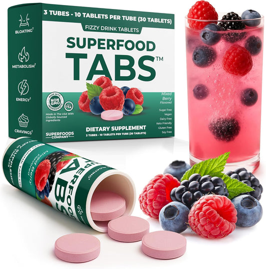 Superfood Tabs by Superfoods Company - Superfood Effervescent Drink Tablets for Women & Men - 15 Real Superfoods - Vegan, Non-GMO, Zero Sugar - Mixed Berry