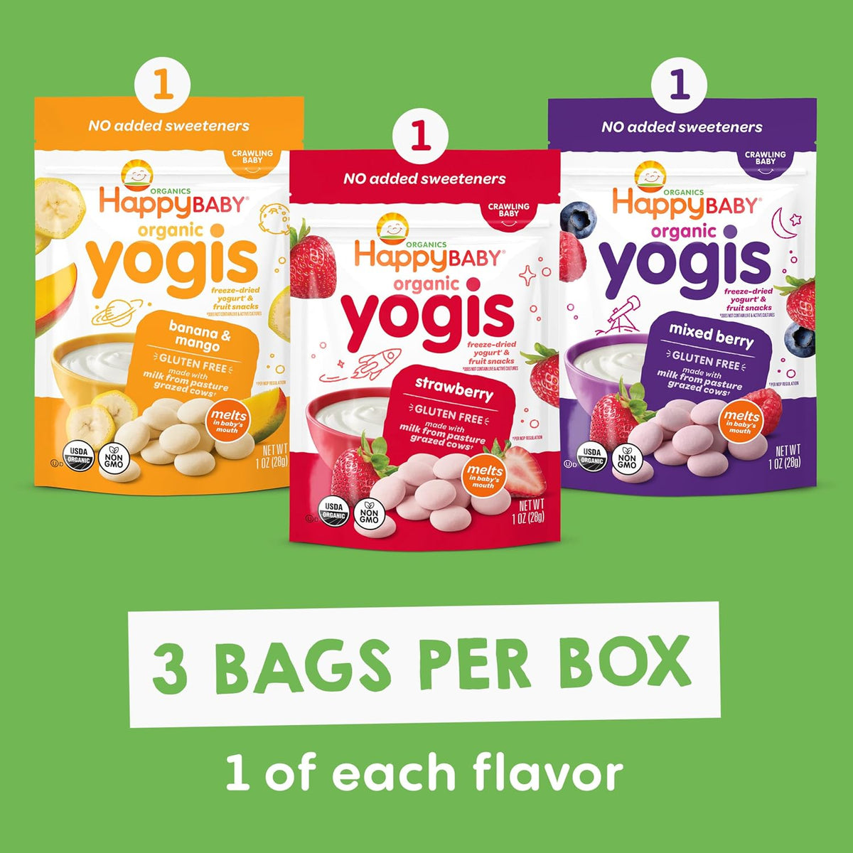 Organic Baby Food Happy Yogis Yogurt Snacks-Banana Mango, Mixed Berry, and Strawberry- 1 oz Packs, 3-Count