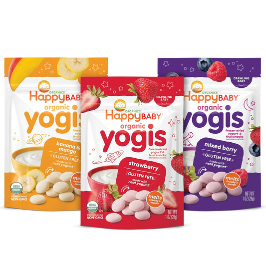 Organic Baby Food Happy Yogis Yogurt Snacks-Banana Mango, Mixed Berry, and Strawberry- 1 oz Packs, 3-Count