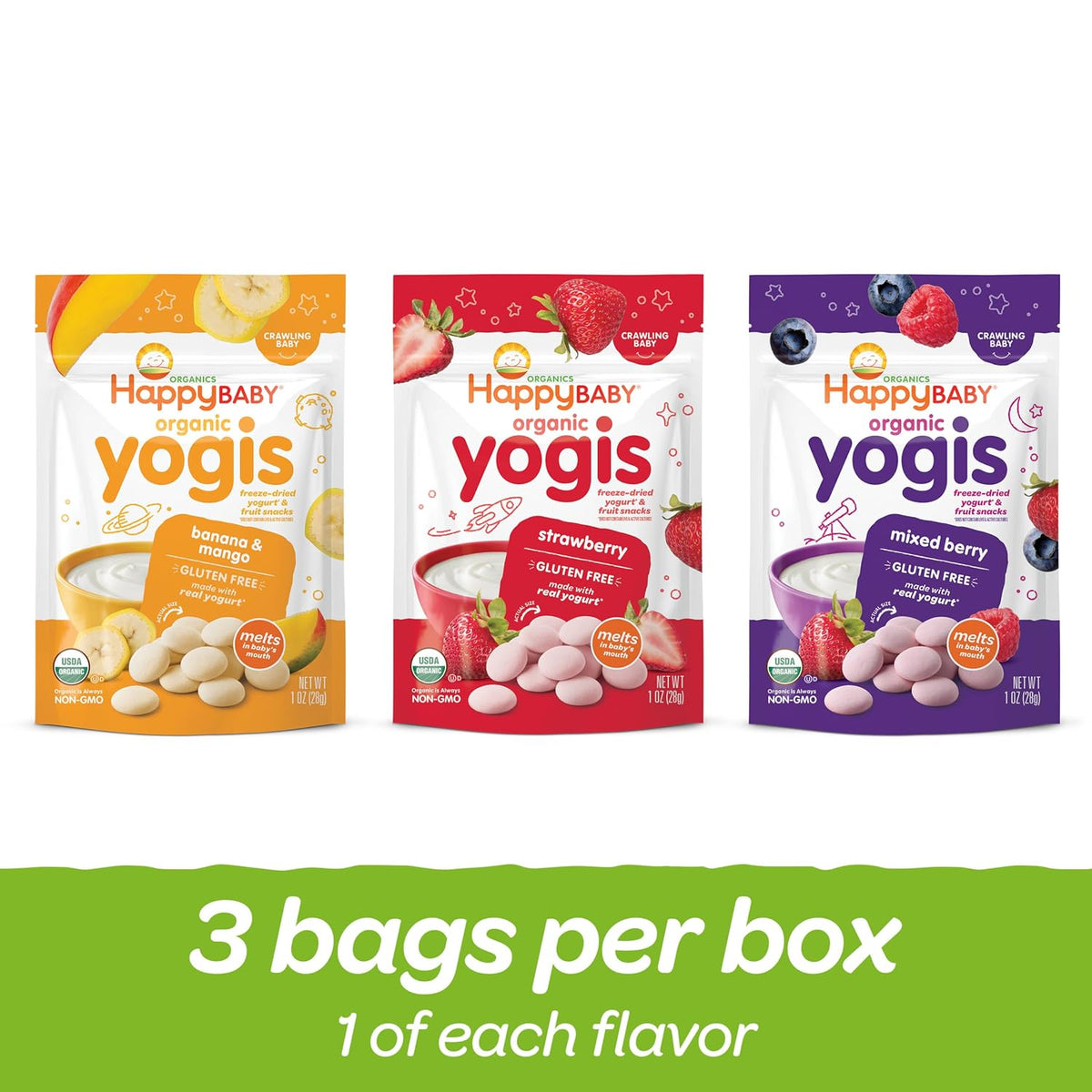 Organic Baby Food Happy Yogis Yogurt Snacks-Banana Mango, Mixed Berry, and Strawberry- 1 oz Packs, 3-Count