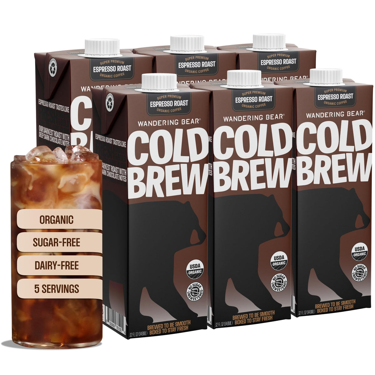 Wandering Bear Straight Black Organic Cold Brew Coffee - 32 fl oz, 6 Pack