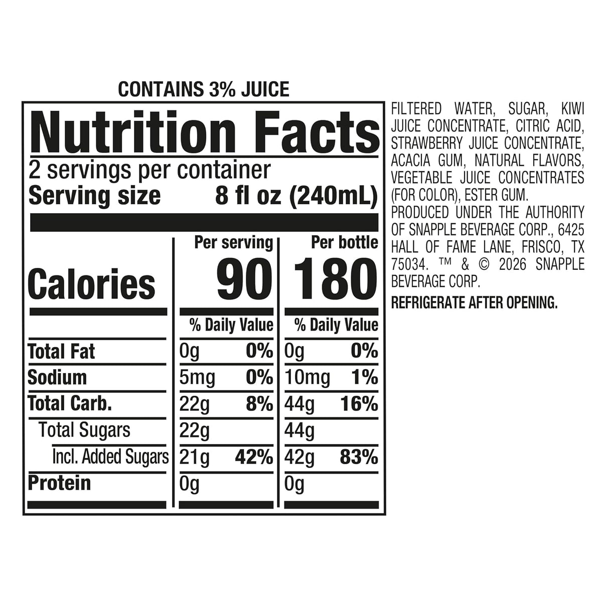 Snapple Kiwi Strawberry Juice Drink, 16 Fl Oz Recycled Plastic Bottle, Pack Of 12, All Natural, No Artificial Flavors Or Sweeteners, Contains 3% Real Juice