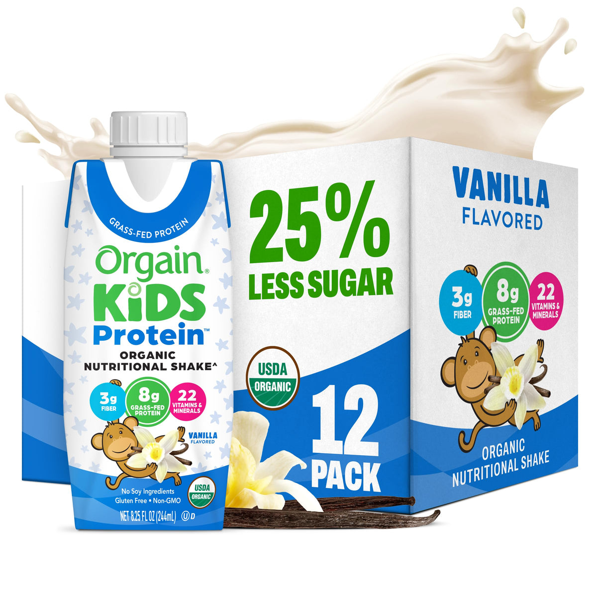 Orgain Organic Kids Dairy 8g Protein Shake, Chocolate, 8.25 oz, 12pk