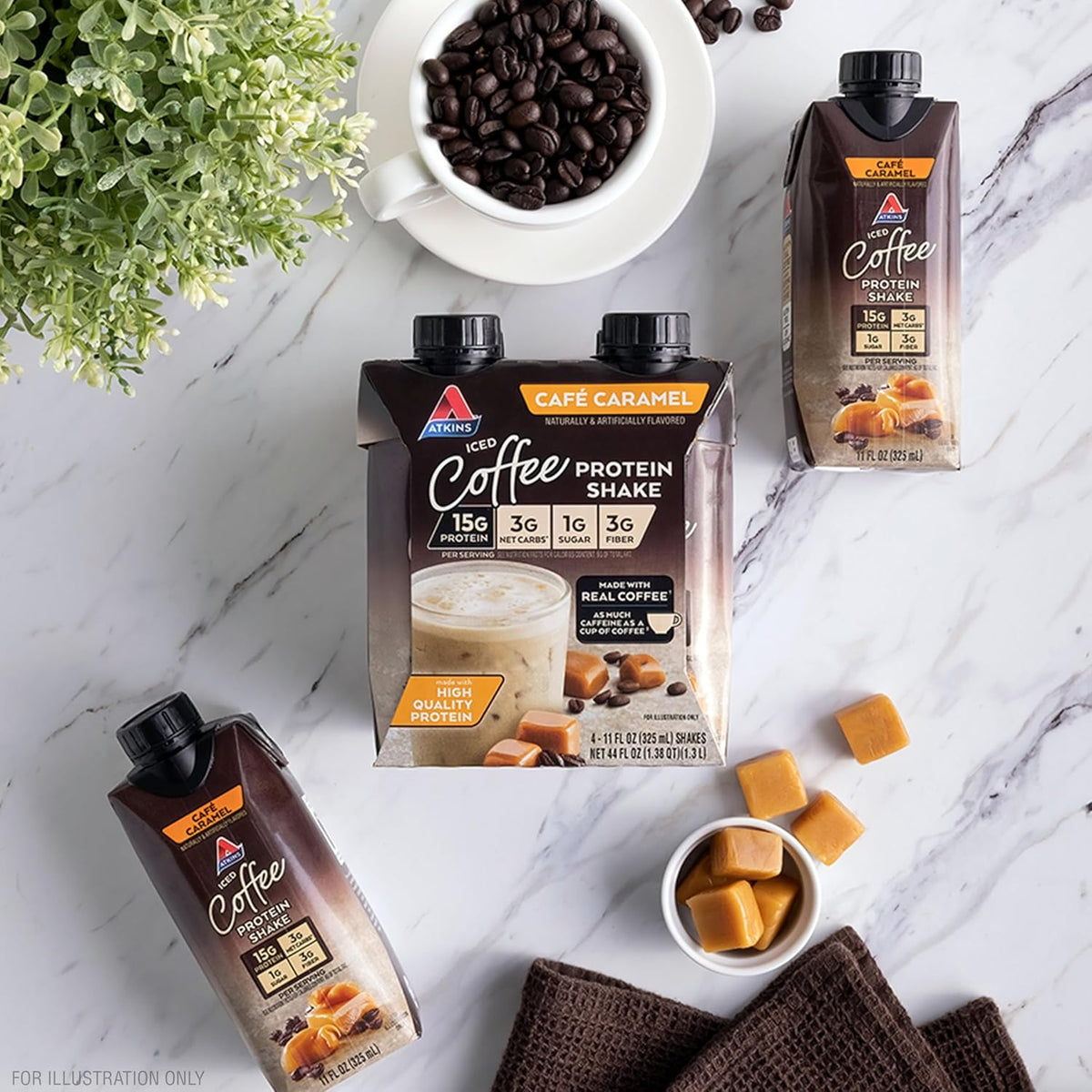 Atkins Protein Shake, Caramel Iced Coffee, 15g Protein | Low Glycemic | 3g Net Carb | 1g Sugar | Pack of 2