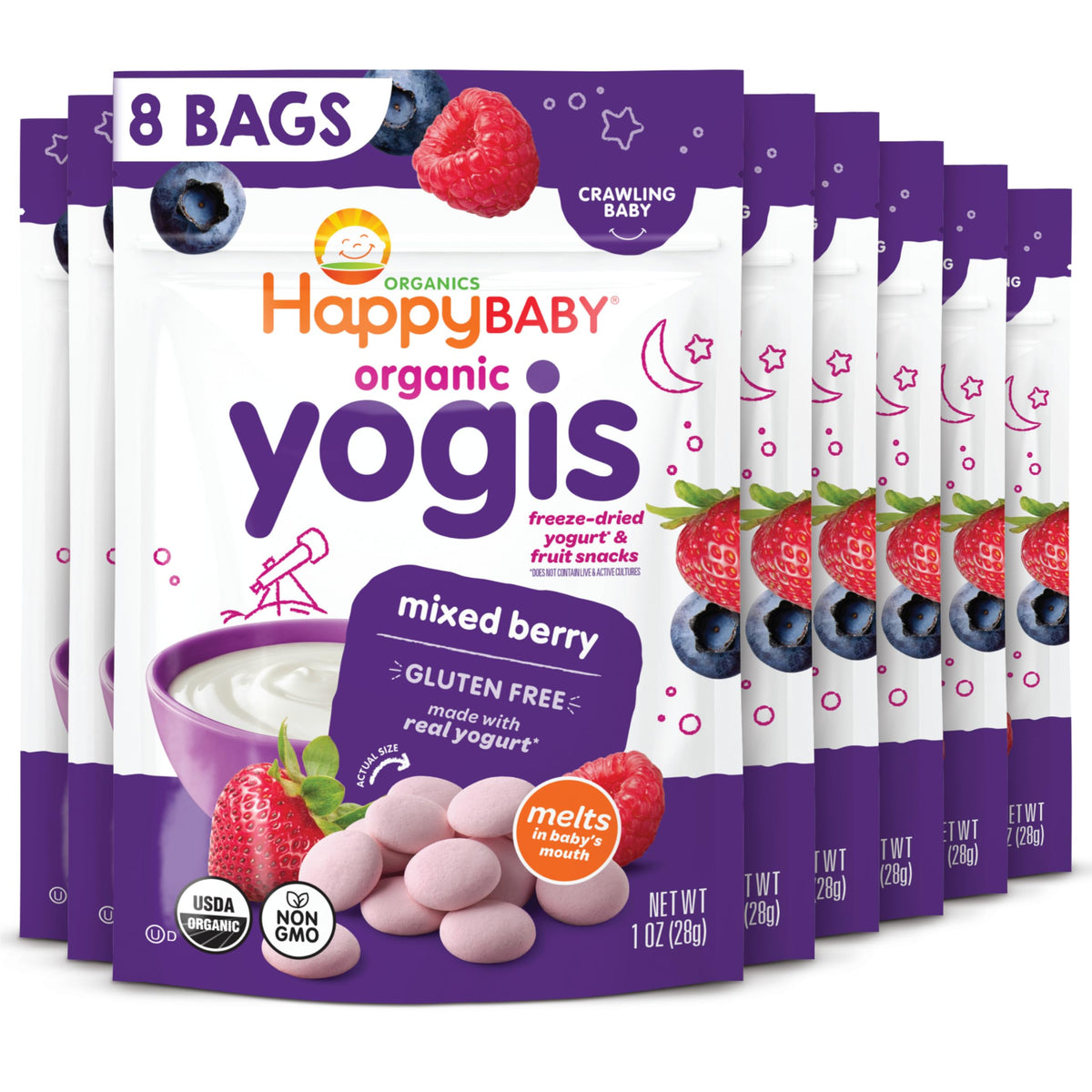 Organic Baby Food Happy Yogis Yogurt Snacks-Banana Mango, Mixed Berry, and Strawberry- 1 oz Packs, 3-Count