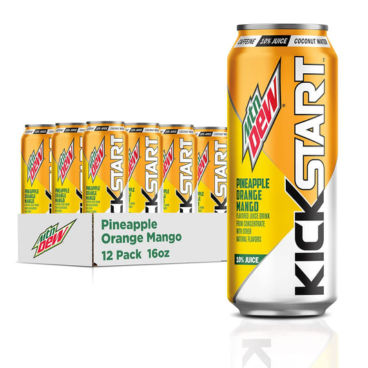 Mountain Dew Kickstart, Pineapple Orange Mango, 90mg Caffeine, Vitamins B & C, 80 Calories, 10% Juice, 16 fl oz (Pack of 12)
