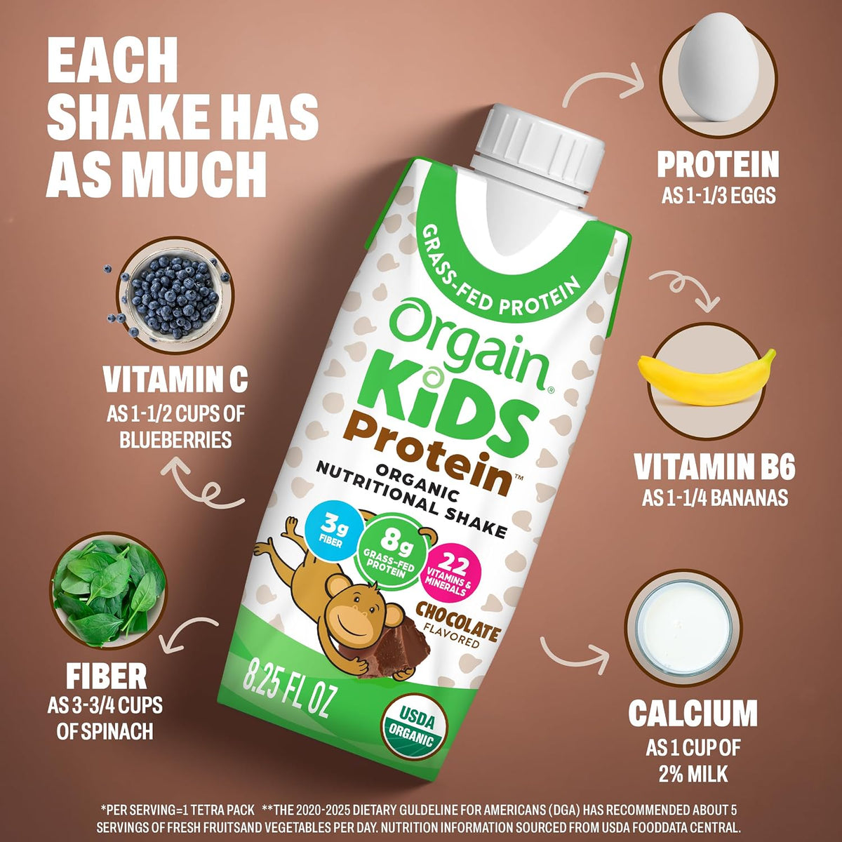 Orgain Organic Kids Dairy 8g Protein Shake, Chocolate, 8.25 oz, 12pk