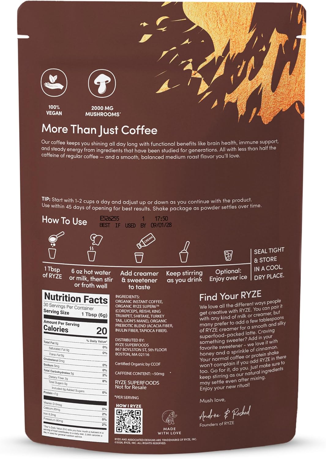 RYZE Organic Mushroom Coffee, Medium Roast, Adaptogenic Blend, 30 Servings