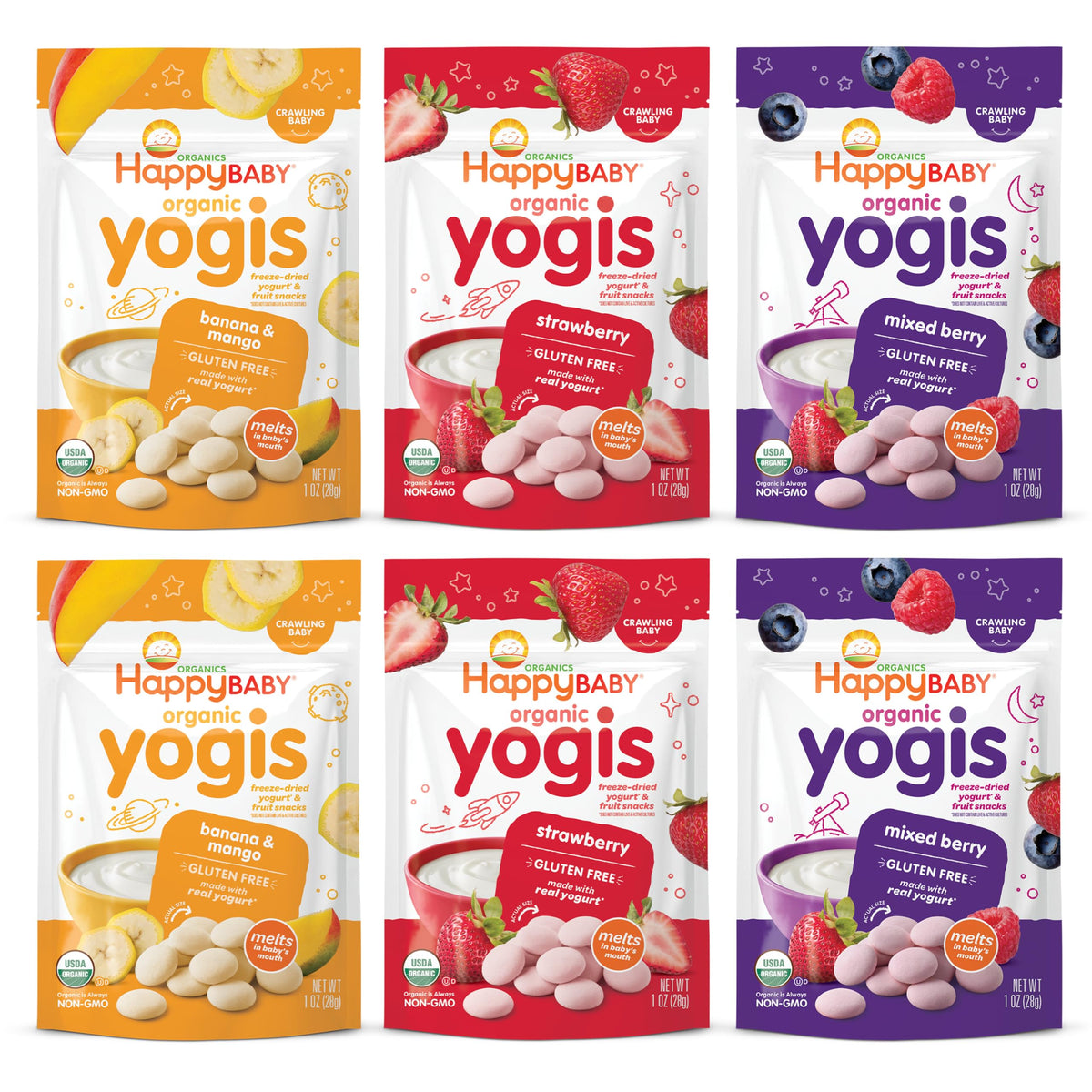 Organic Baby Food Happy Yogis Yogurt Snacks-Banana Mango, Mixed Berry, and Strawberry- 1 oz Packs, 3-Count