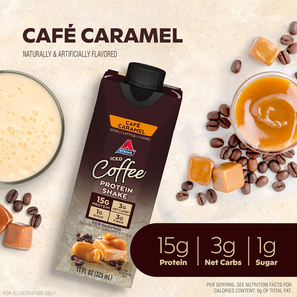 Atkins Protein Shake, Caramel Iced Coffee, 15g Protein | Low Glycemic | 3g Net Carb | 1g Sugar | Pack of 2